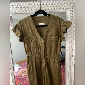 Anthropologie tapered ruffle Button-Down Jumpsuit